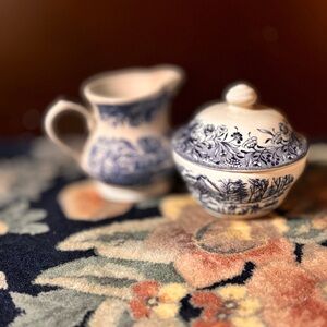 CHURCHILL ENGLAND Elegant Blue and White Bone China Pitcher and Sugar Bowl Set